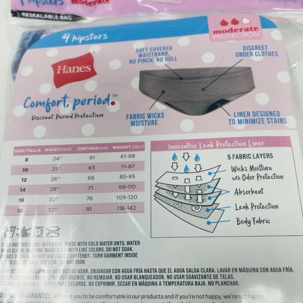 Hanes Girls Size 8 Tagless Hipster‎ Period Panty 4 Pack Moderate Protection 375